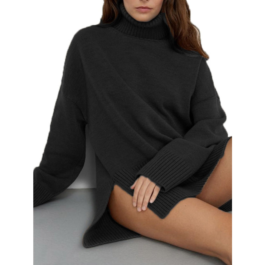 Side Slit Turtleneck Drop Shoulder Sweater Apparel and Accessories