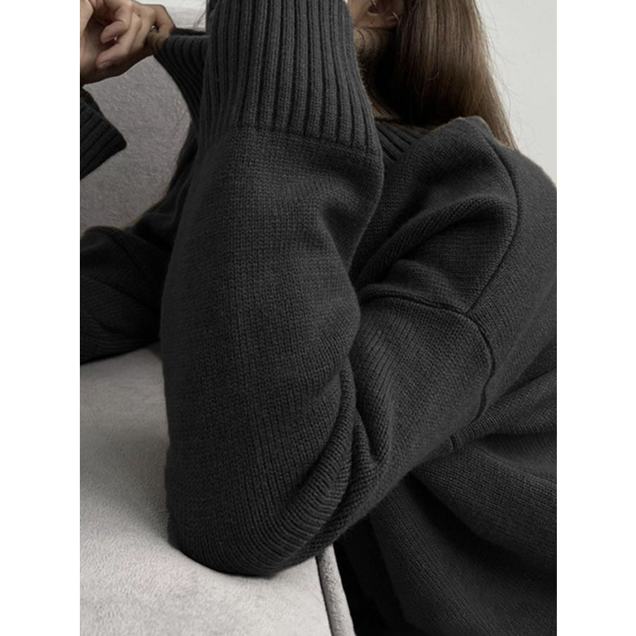 Side Slit Turtleneck Drop Shoulder Sweater Apparel and Accessories