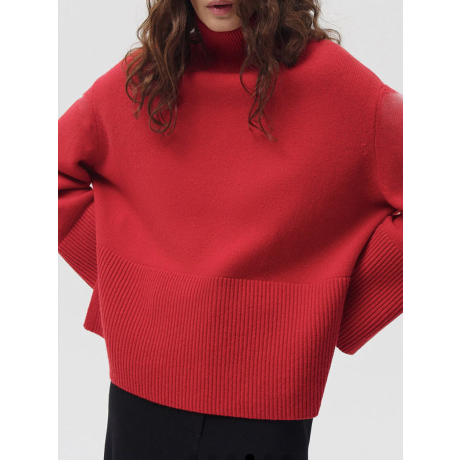 Side Slit Turtleneck Drop Shoulder Sweater Deep Red / One Size Apparel and Accessories