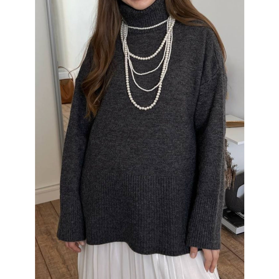 Side Slit Turtleneck Drop Shoulder Sweater Floral Gray / One Size Apparel and Accessories