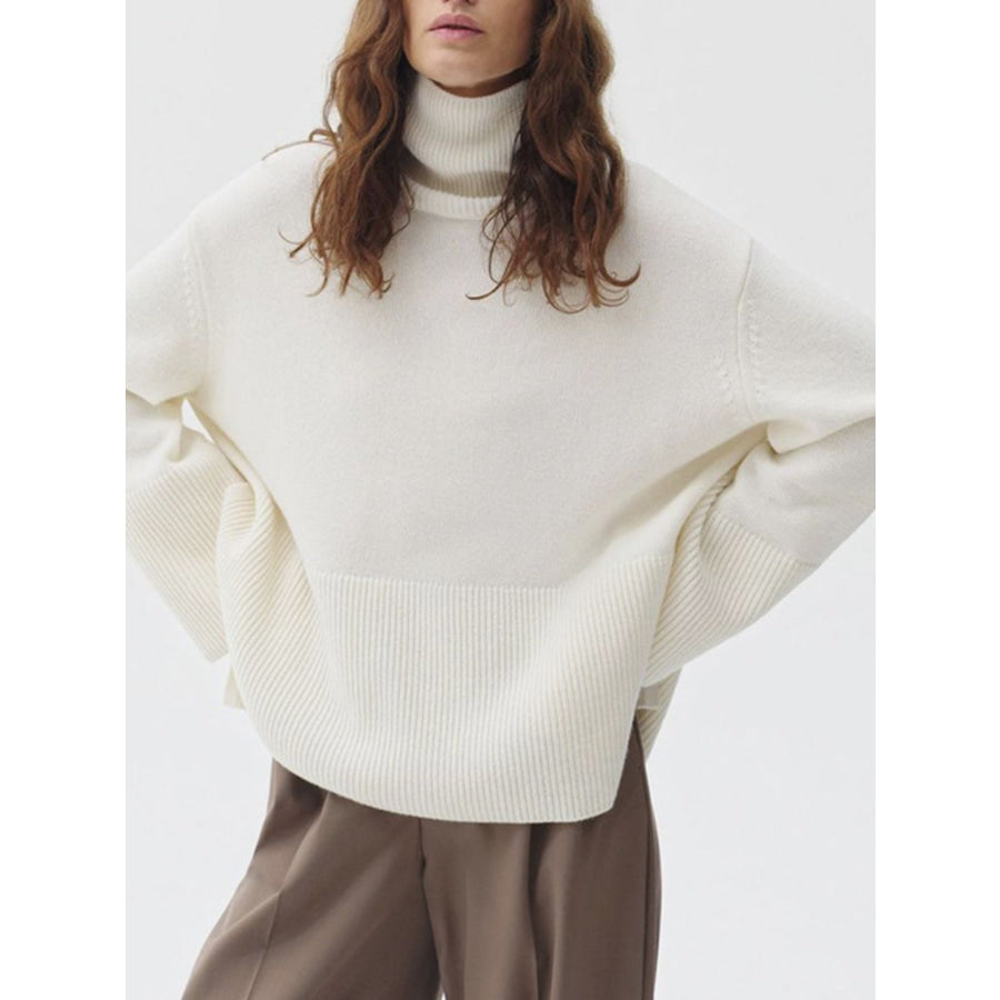 Side Slit Turtleneck Drop Shoulder Sweater Ivory / One Size Apparel and Accessories