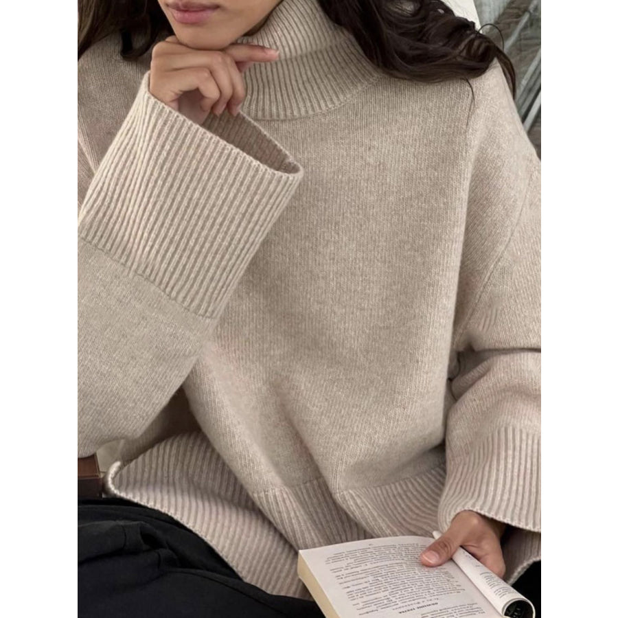 Side Slit Turtleneck Drop Shoulder Sweater Khaki / One Size Apparel and Accessories