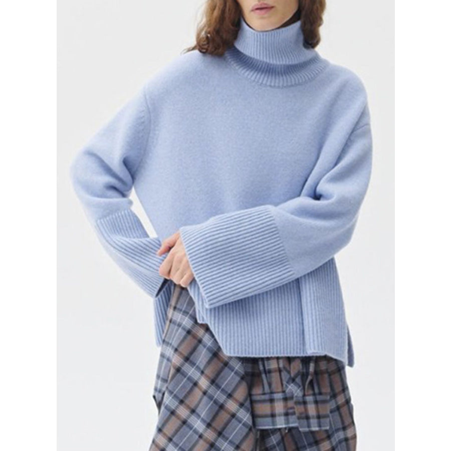 Side Slit Turtleneck Drop Shoulder Sweater Light Blue / One Size Apparel and Accessories