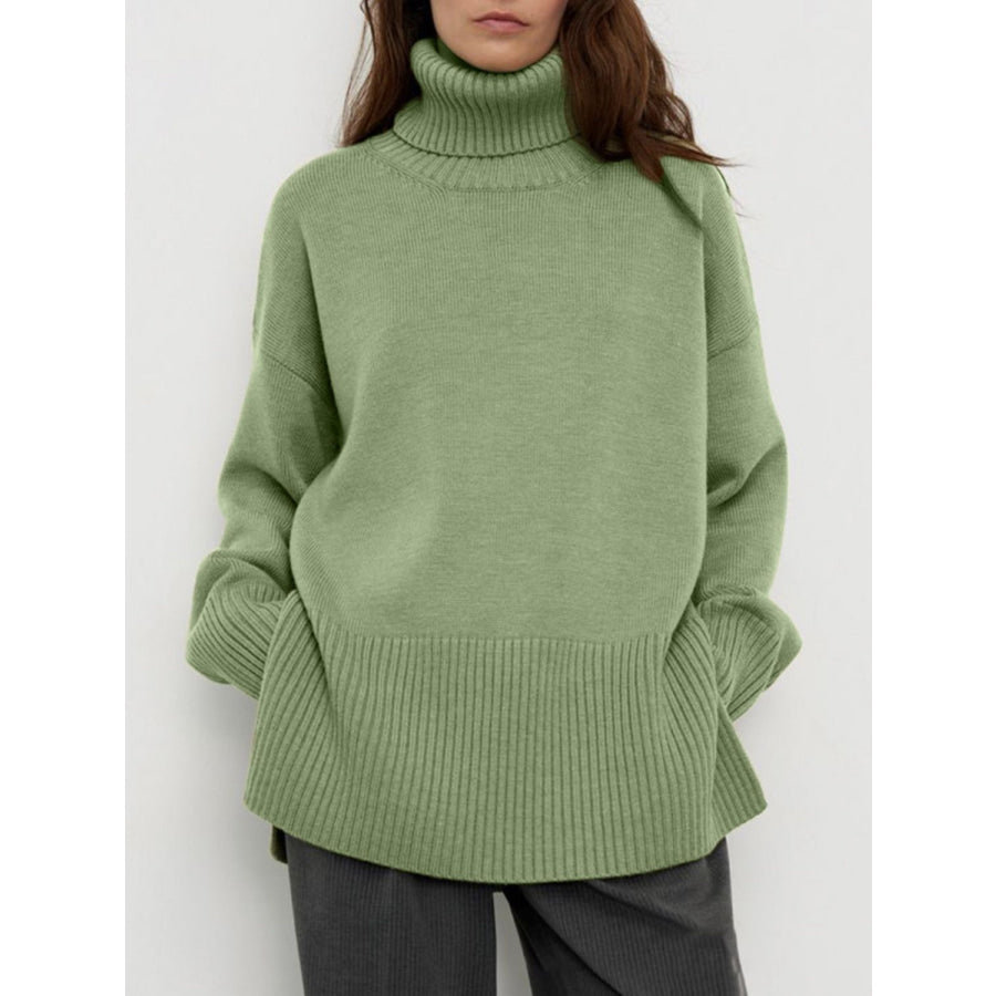 Side Slit Turtleneck Drop Shoulder Sweater Matcha Green / One Size Apparel and Accessories