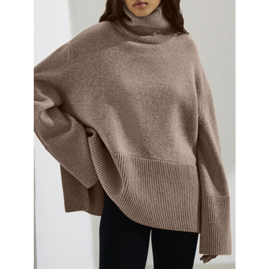 Side Slit Turtleneck Drop Shoulder Sweater Mocha / One Size Apparel and Accessories