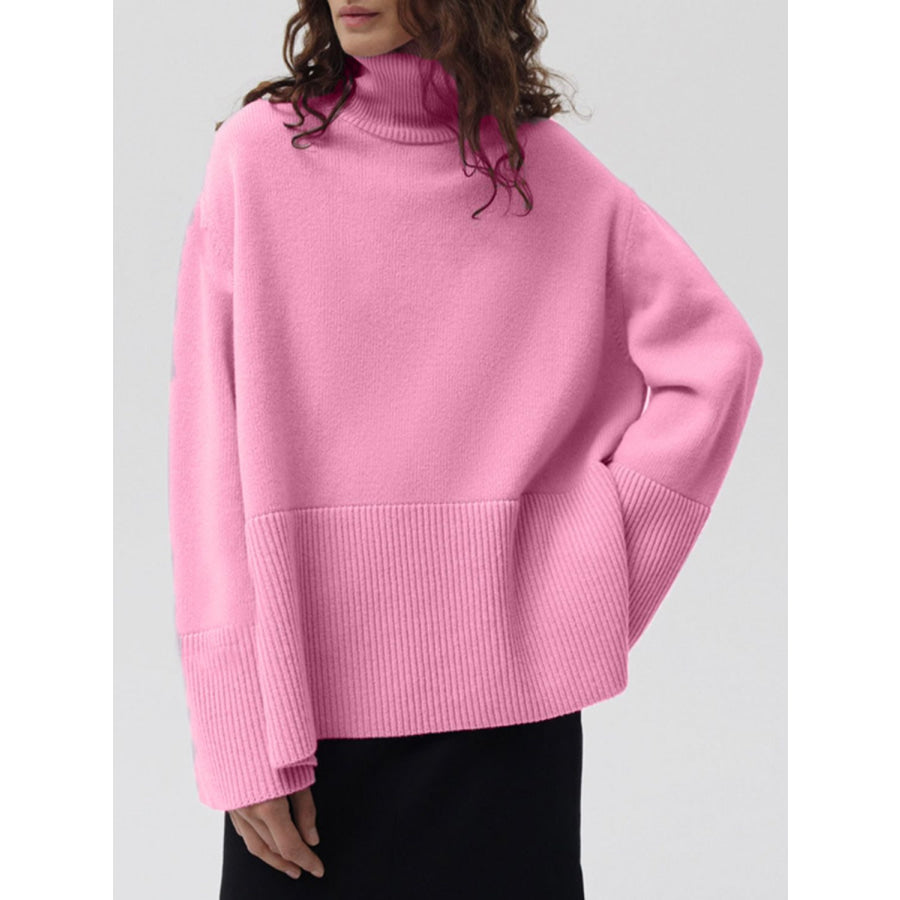 Side Slit Turtleneck Drop Shoulder Sweater Pink / One Size Apparel and Accessories