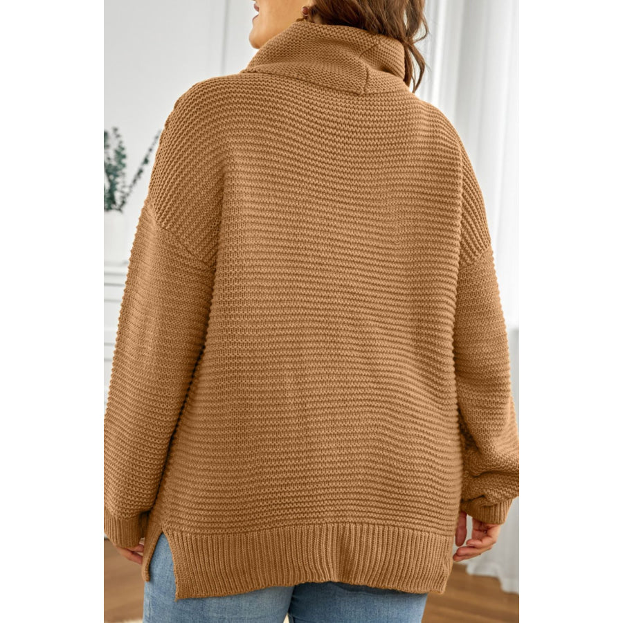 Side Slit Turtleneck Long Sleeve Sweater Apparel and Accessories