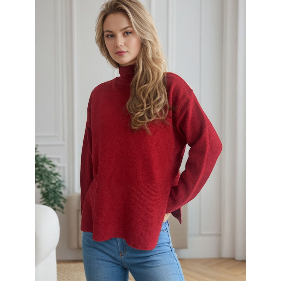 Side Slit Turtleneck Long Sleeve Sweater Apparel and Accessories