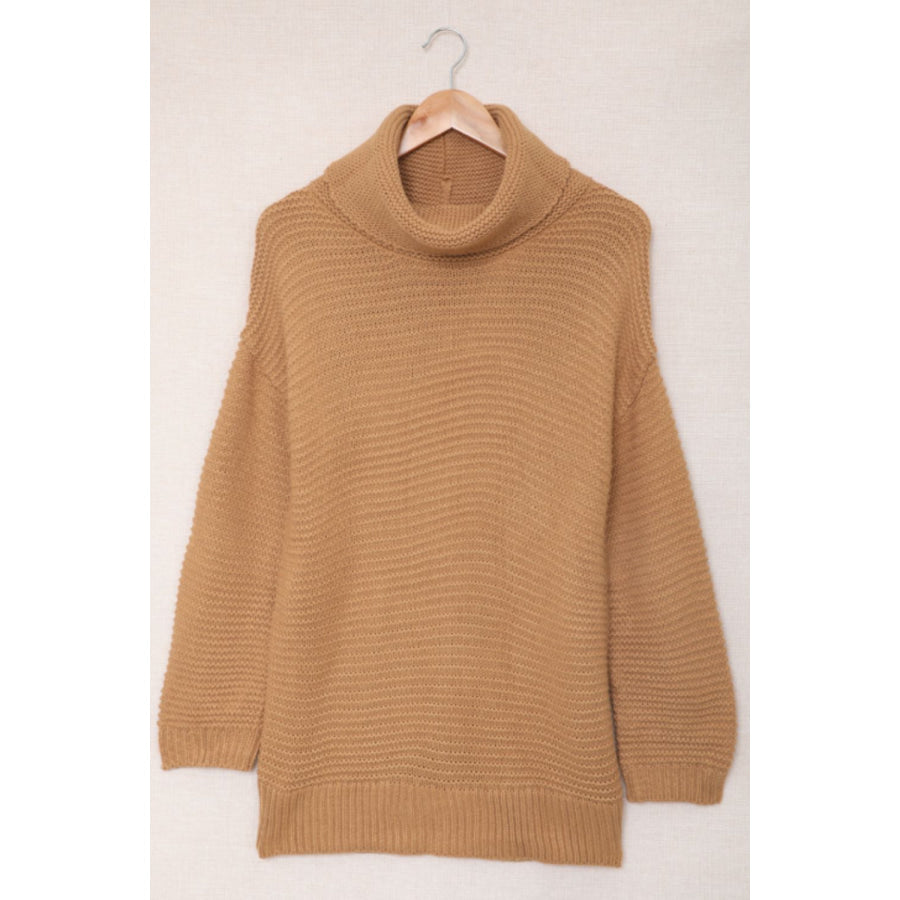 Side Slit Turtleneck Long Sleeve Sweater Apparel and Accessories