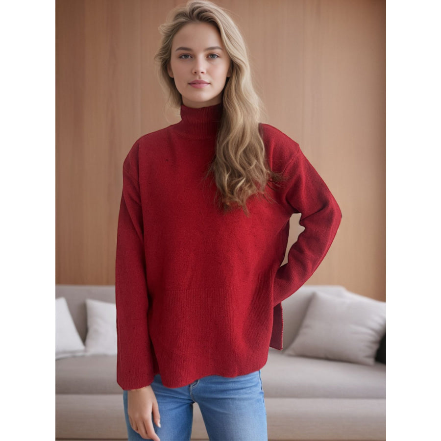 Side Slit Turtleneck Long Sleeve Sweater Apparel and Accessories