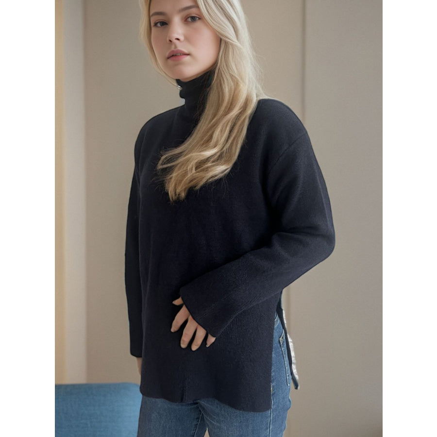 Side Slit Turtleneck Long Sleeve Sweater Apparel and Accessories
