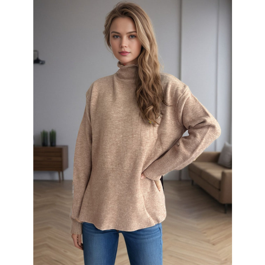 Side Slit Turtleneck Long Sleeve Sweater Apparel and Accessories