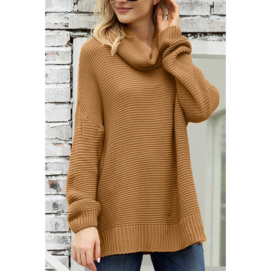 Side Slit Turtleneck Long Sleeve Sweater Apparel and Accessories