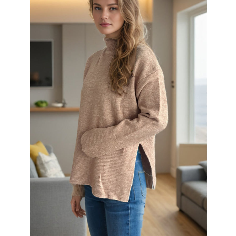 Side Slit Turtleneck Long Sleeve Sweater Apparel and Accessories
