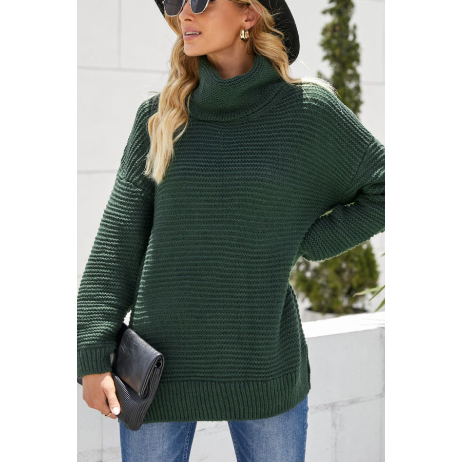 Side Slit Turtleneck Long Sleeve Sweater Apparel and Accessories