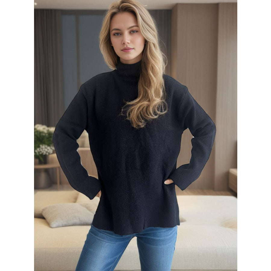 Side Slit Turtleneck Long Sleeve Sweater Apparel and Accessories
