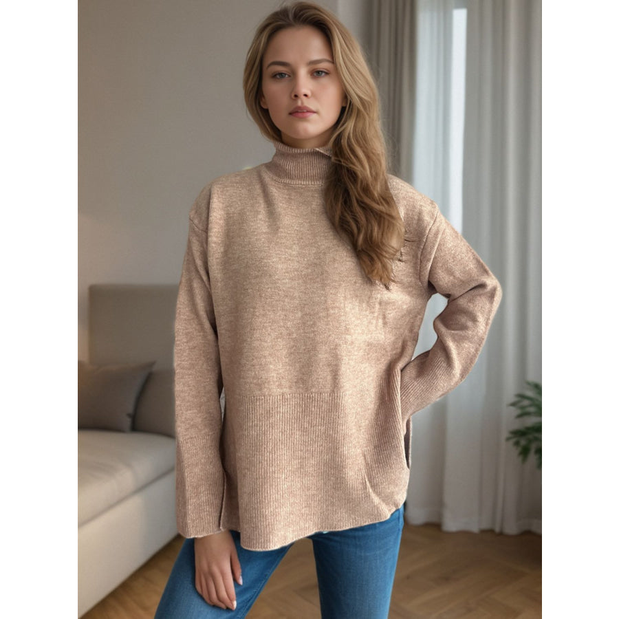 Side Slit Turtleneck Long Sleeve Sweater Camel / One Size Apparel and Accessories