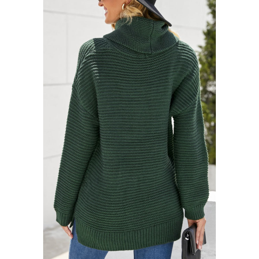 Side Slit Turtleneck Long Sleeve Sweater Apparel and Accessories