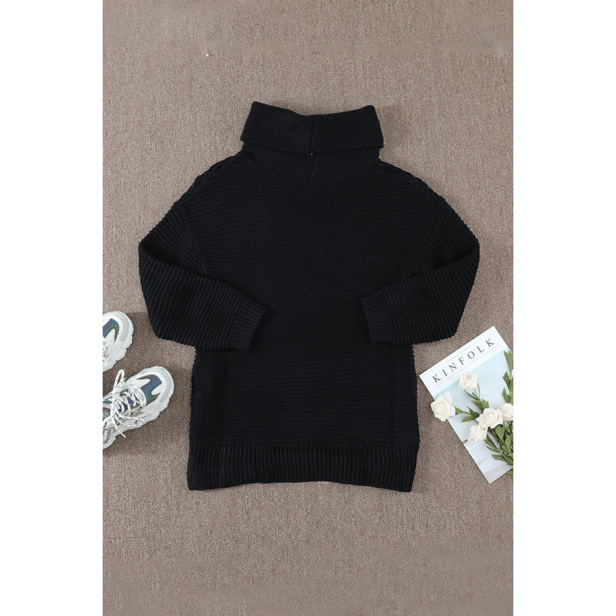 Side Slit Turtleneck Long Sleeve Sweater Apparel and Accessories