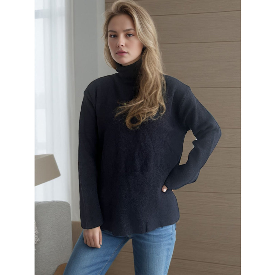 Side Slit Turtleneck Long Sleeve Sweater Black / One Size Apparel and Accessories