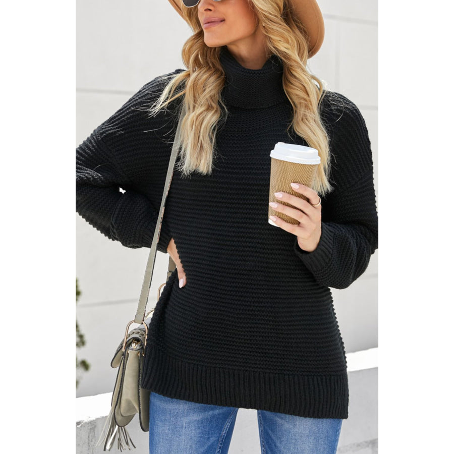 Side Slit Turtleneck Long Sleeve Sweater Black / S Apparel and Accessories