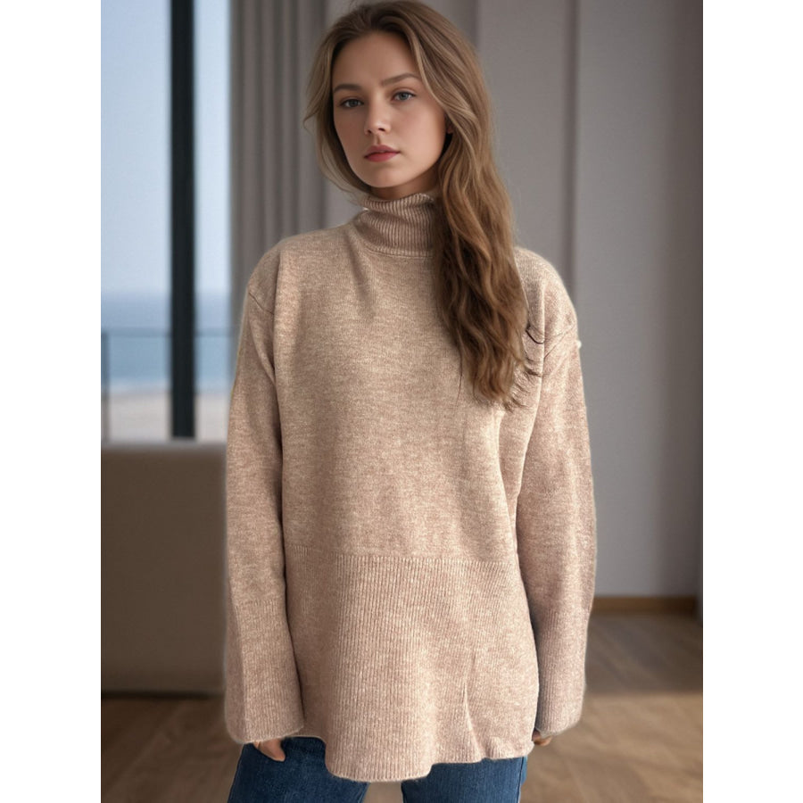 Side Slit Turtleneck Long Sleeve Sweater Camel / One Size Apparel and Accessories