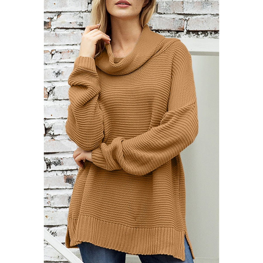 Side Slit Turtleneck Long Sleeve Sweater Caramel / S Apparel and Accessories