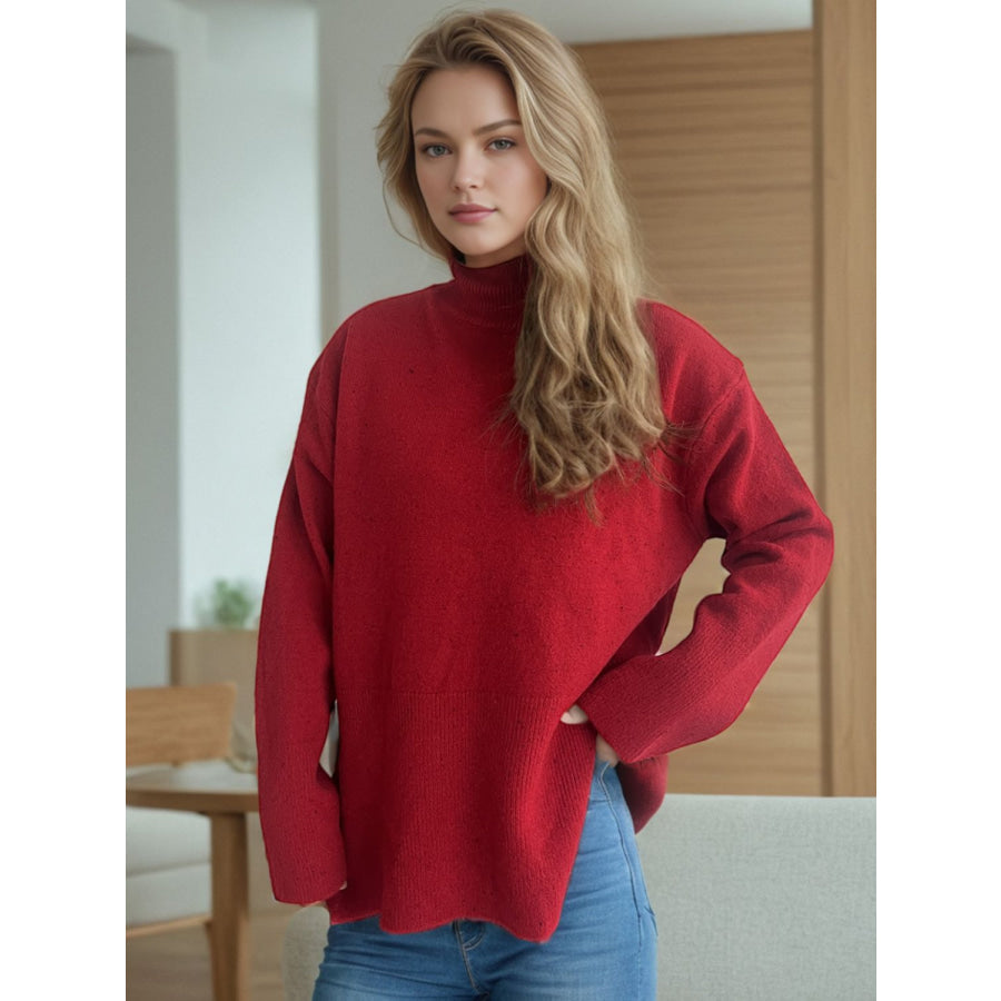 Side Slit Turtleneck Long Sleeve Sweater Scarlet / One Size Apparel and Accessories
