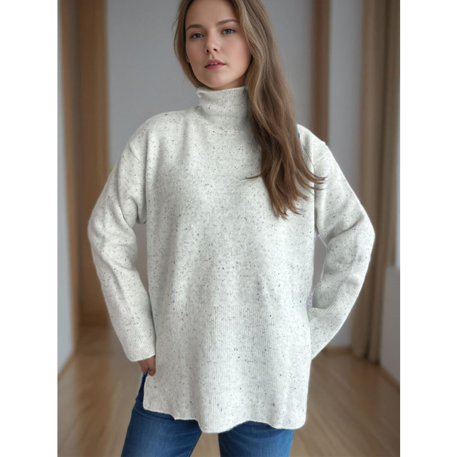 Side Slit Turtleneck Long Sleeve Sweater White / One Size Apparel and Accessories