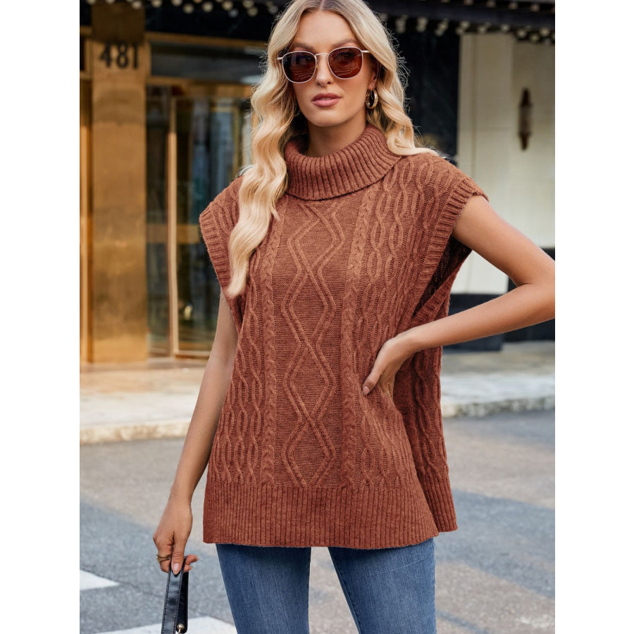 Side Slit Turtleneck Sweater Vest Caramel / S Apparel and Accessories