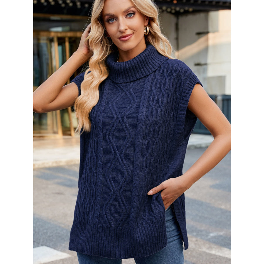 Side Slit Turtleneck Sweater Vest Dark Blue / S Apparel and Accessories