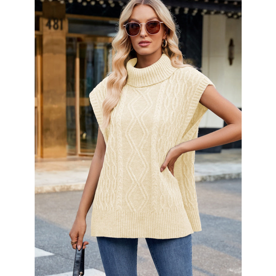 Side Slit Turtleneck Sweater Vest Tan / S Apparel and Accessories