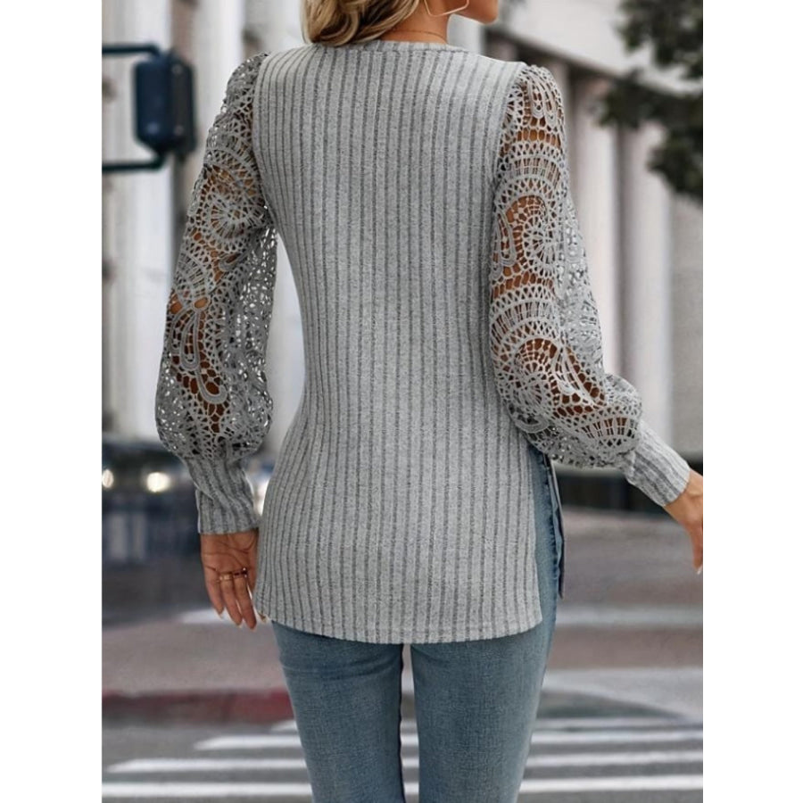 Side Slit V-Neck Lace Long Sleeve T-Shirt Apparel and Accessories