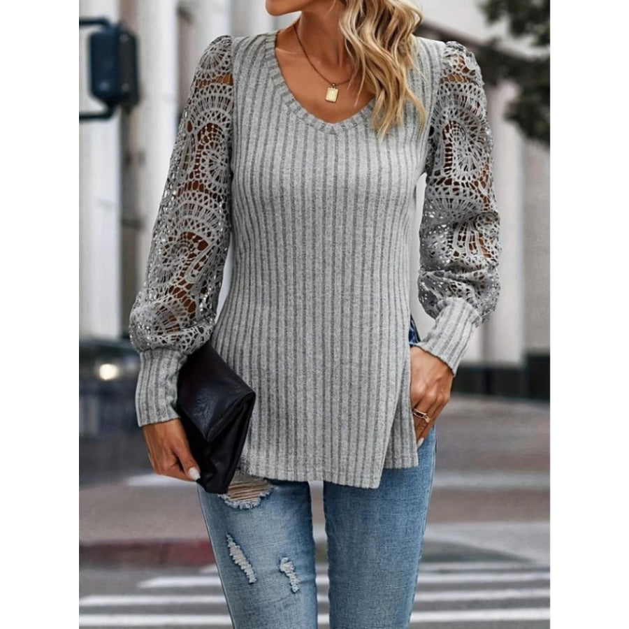 Side Slit V-Neck Lace Long Sleeve T-Shirt Apparel and Accessories