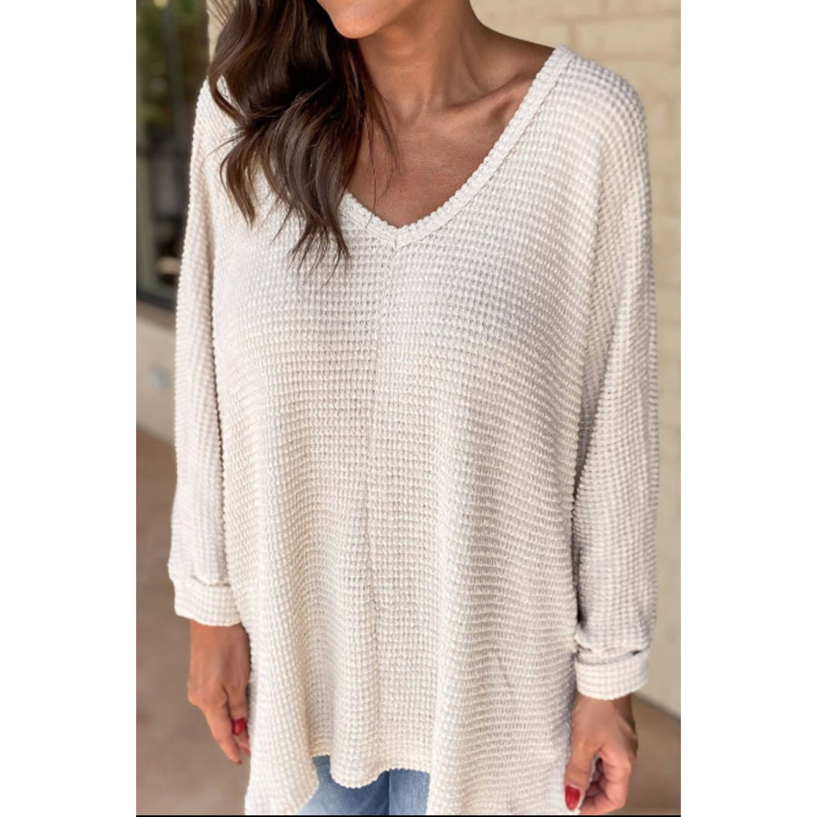 Side Slit V-Neck Long Sleeve Top Apparel and Accessories