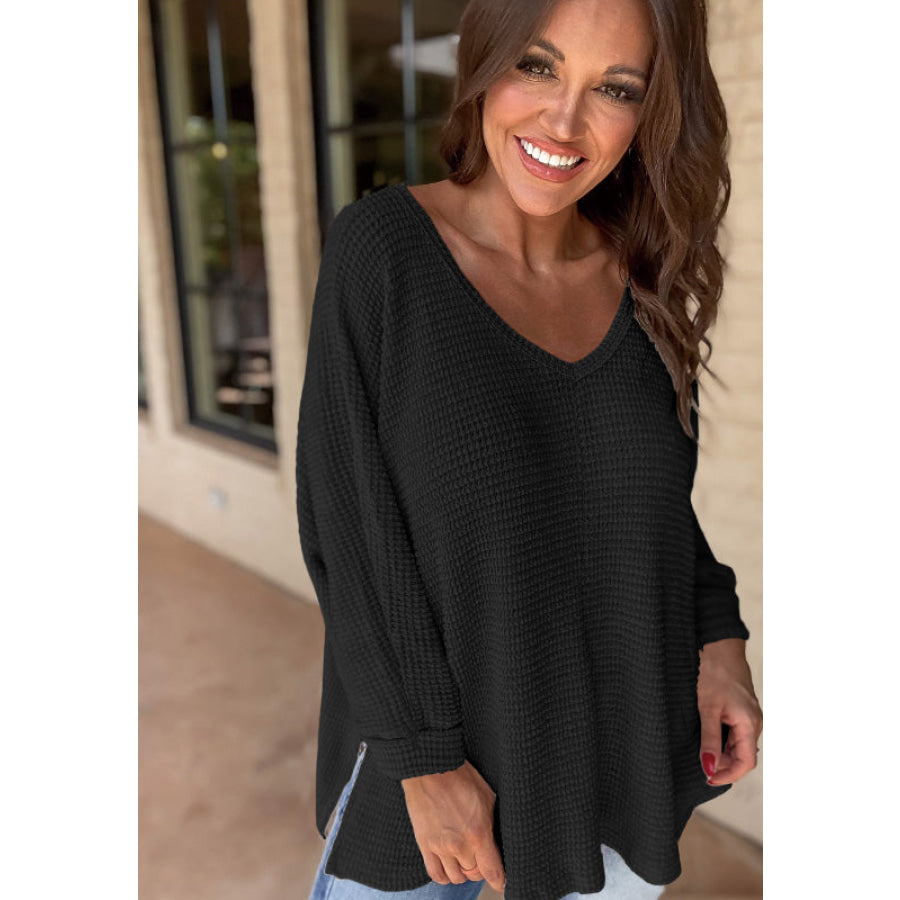 Side Slit V-Neck Long Sleeve Top Apparel and Accessories