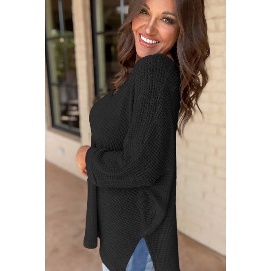 Side Slit V-Neck Long Sleeve Top Apparel and Accessories