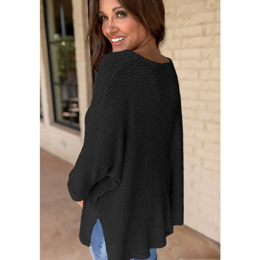 Side Slit V-Neck Long Sleeve Top Apparel and Accessories