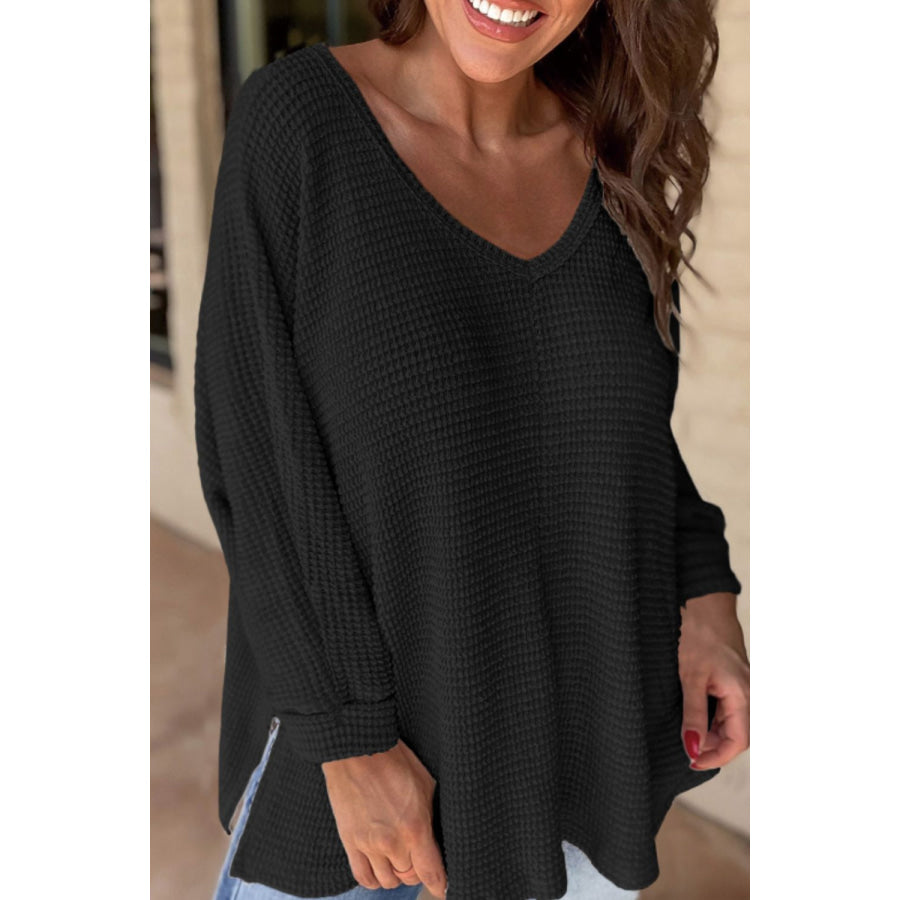 Side Slit V-Neck Long Sleeve Top Black / S Apparel and Accessories