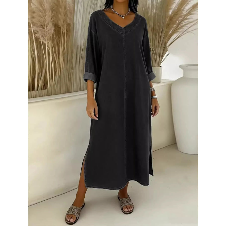 Side Slit V-Neck Midi Dress Black / S Apparel and Accessories