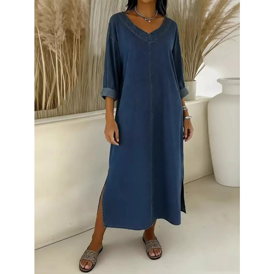 Side Slit V-Neck Midi Dress Dark Blue / S Apparel and Accessories