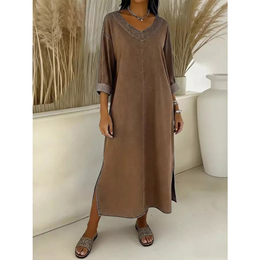 Side Slit V-Neck Midi Dress Dark Brown / S Apparel and Accessories