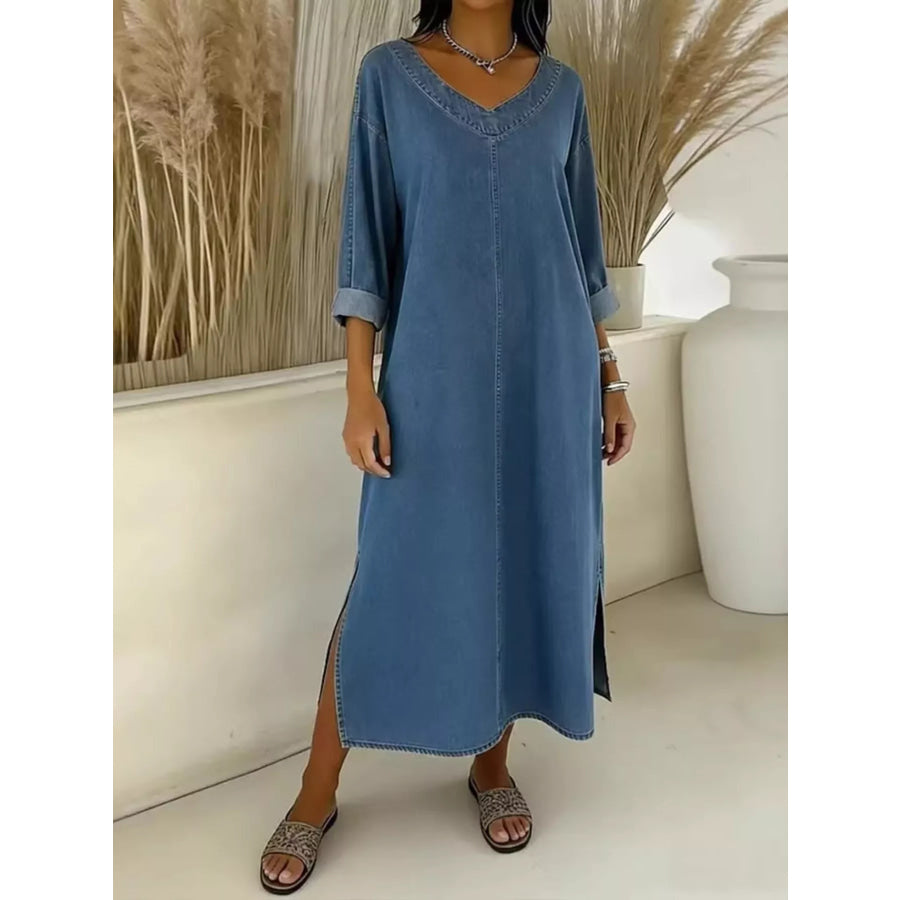 Side Slit V-Neck Midi Dress Light Blue / S Apparel and Accessories