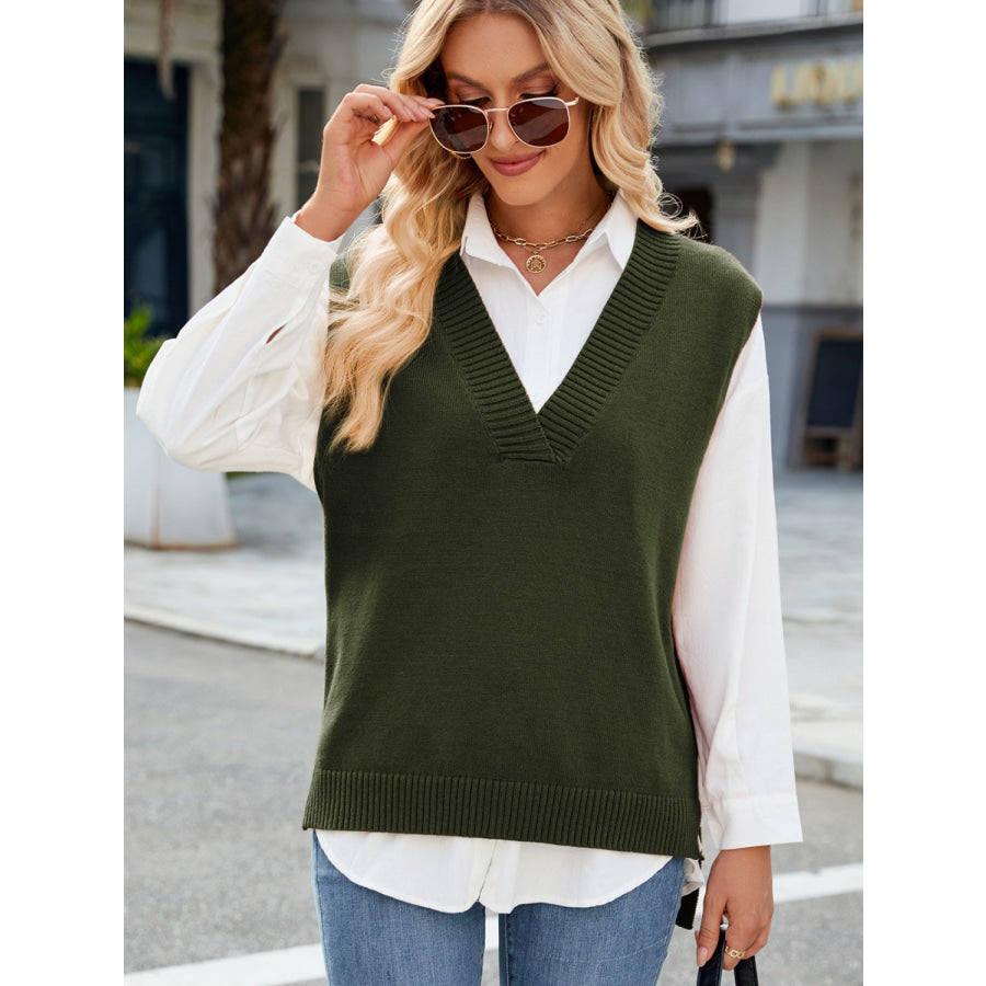 Side Slit V-Neck Sweater Vest Apparel and Accessories