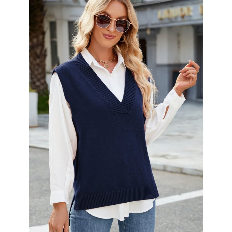 Side Slit V-Neck Sweater Vest Apparel and Accessories