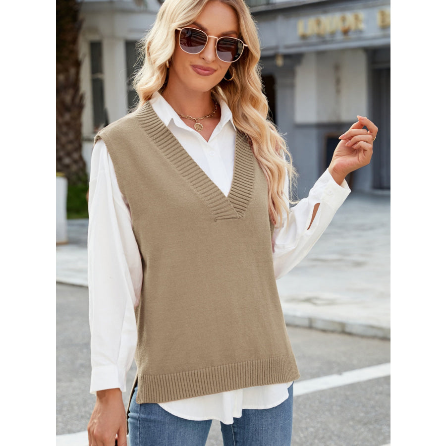 Side Slit V-Neck Sweater Vest Apparel and Accessories