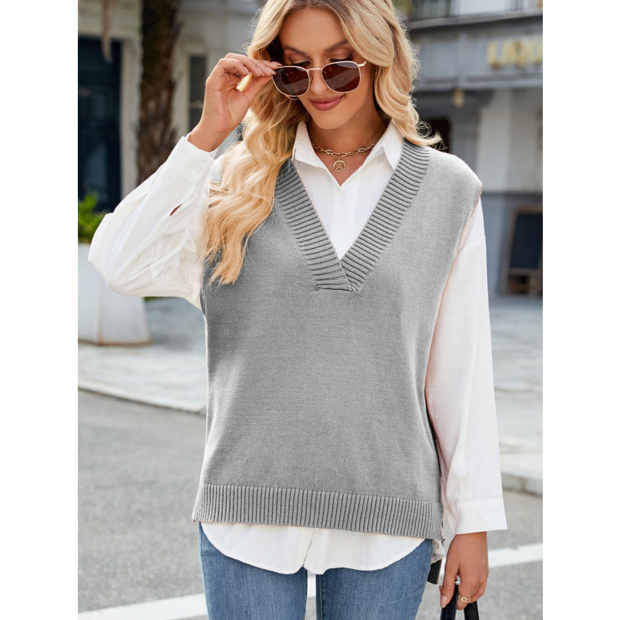 Side Slit V-Neck Sweater Vest Apparel and Accessories