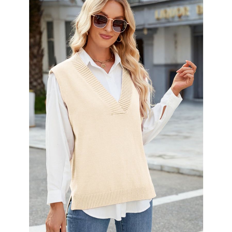 Side Slit V-Neck Sweater Vest Apparel and Accessories