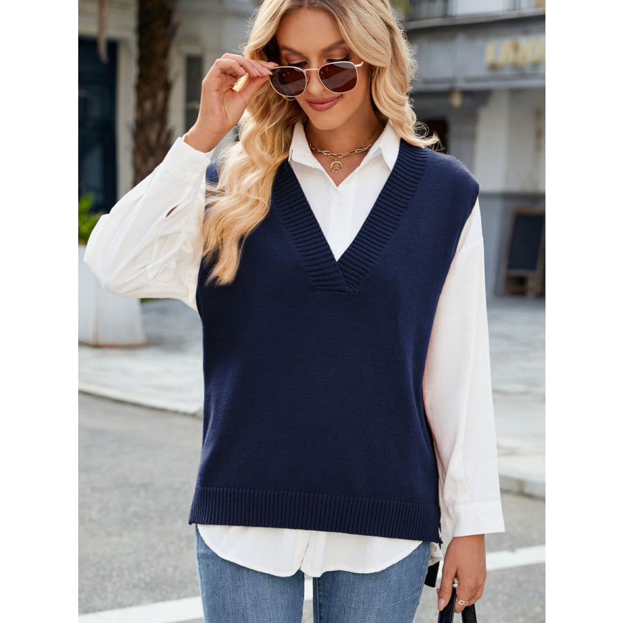 Side Slit V-Neck Sweater Vest Apparel and Accessories