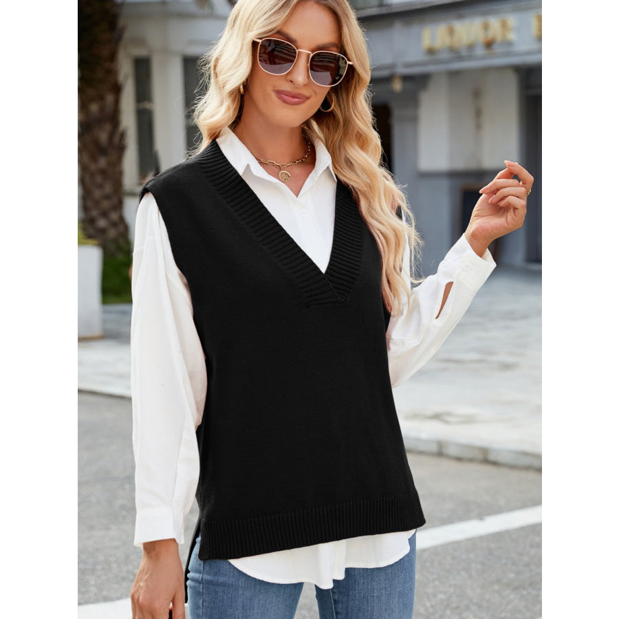 Side Slit V-Neck Sweater Vest Apparel and Accessories